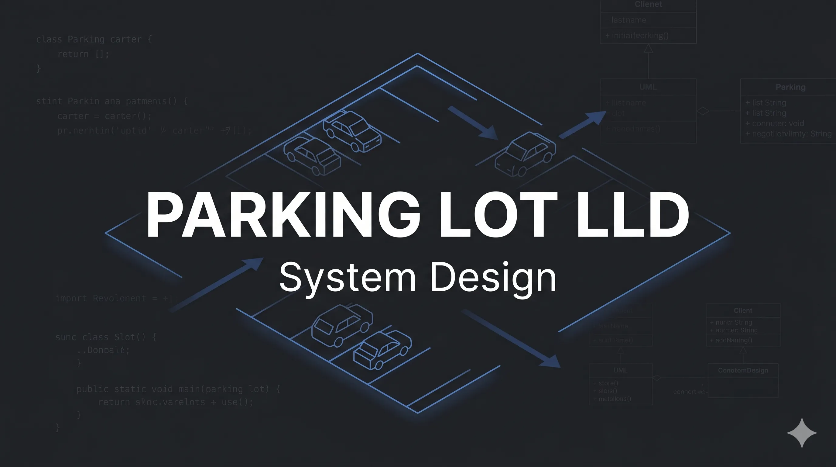 Low-level design diagram of a parking lot system showing floors, spots, vehicles, and ticket flow